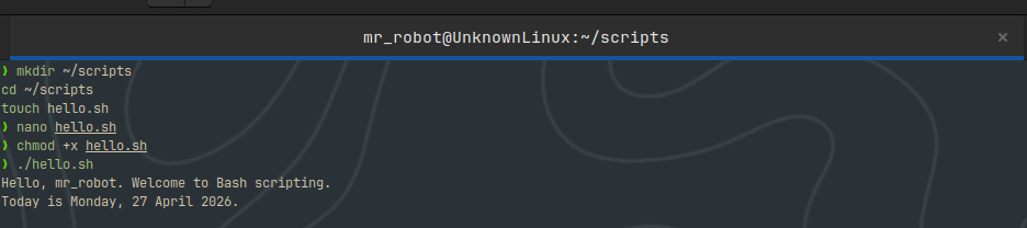 Terminal output of a simple Hello World Bash script showing username and current date