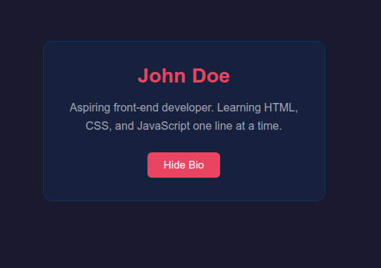 A styled profile card built with HTML and CSS showing a dark theme with a red accent colour