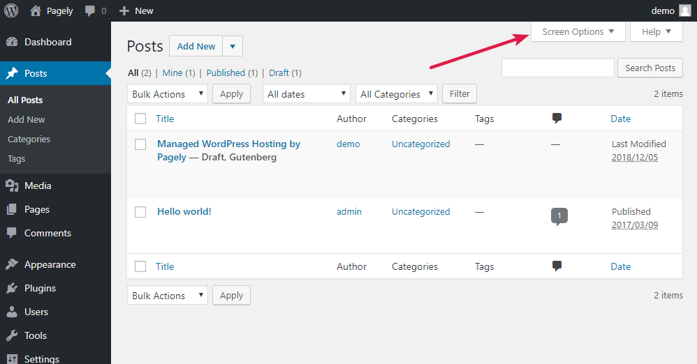 Screenshot of WordPress admin dashboard