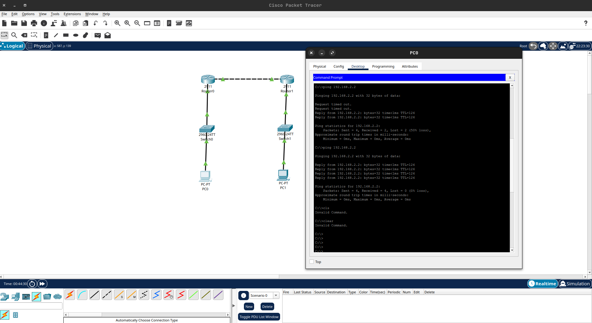 A basic two-router, two-switch home lab topology built in Cisco Packet Tracer