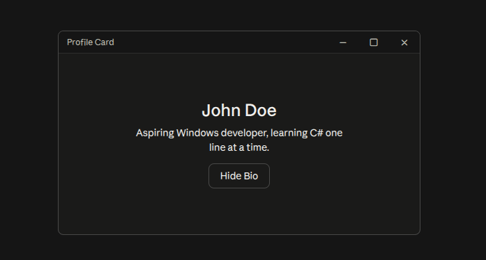 Image of the Profile card that displays name, small bio, and a button that toggles the bio's visibility