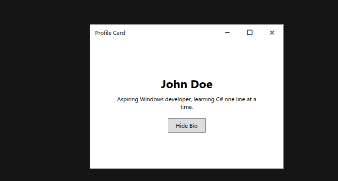 Image of the Profile card that displays name, small bio, and a button that toggles the bio's visibility