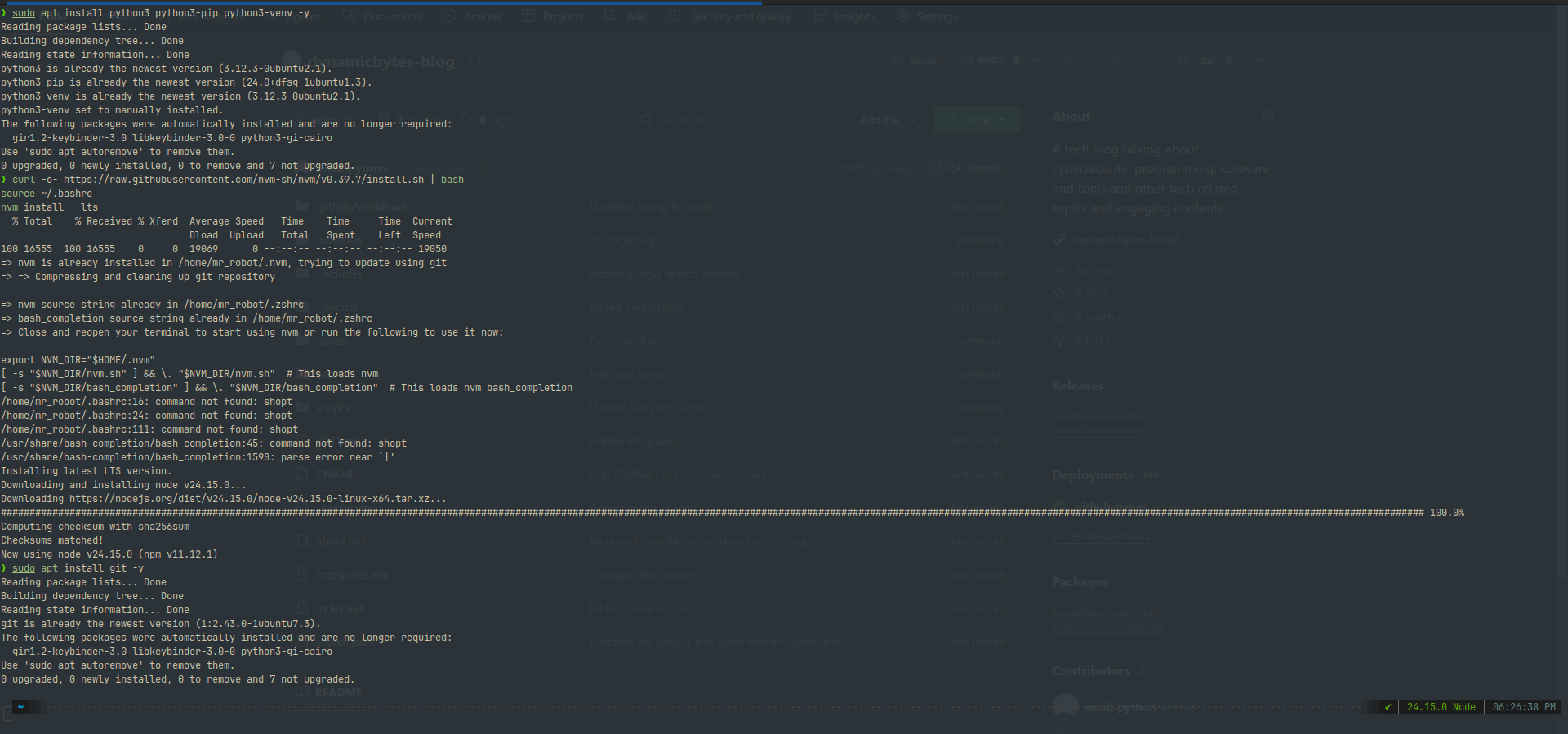 Terminal showing Python 3, Node.js, and Git successfully installed on Ubuntu with their version numbers