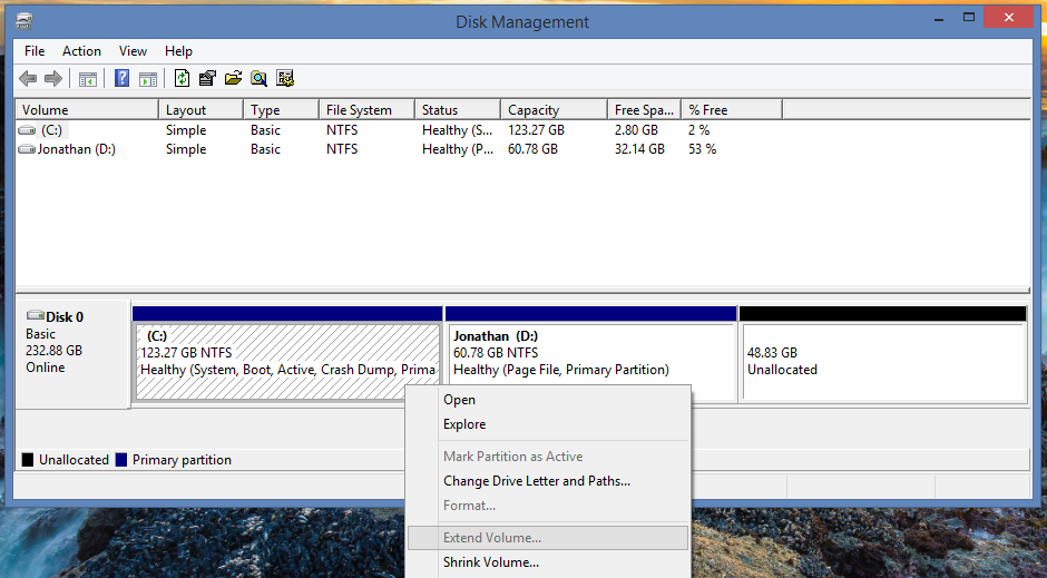 Windows Disk Management showing unallocated space created after shrinking the C drive partition