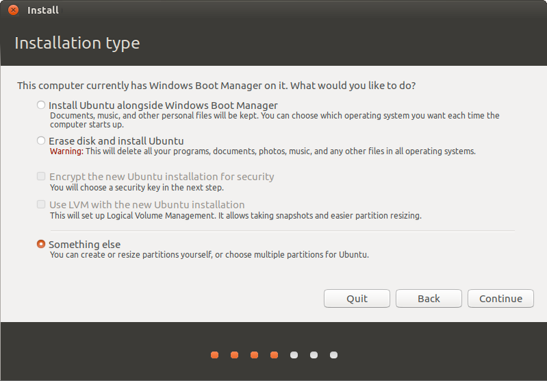 Ubuntu installer installation type screen showing Install Ubuntu alongside Windows Boot Manager selected