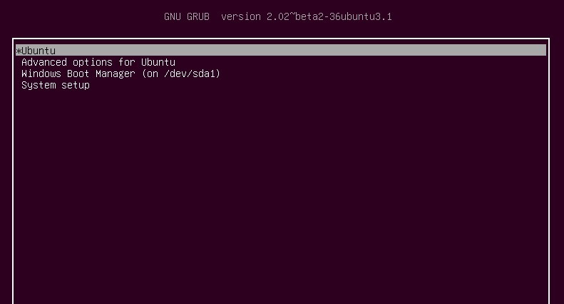 GRUB bootloader menu showing Ubuntu and Windows Boot Manager options on startup
