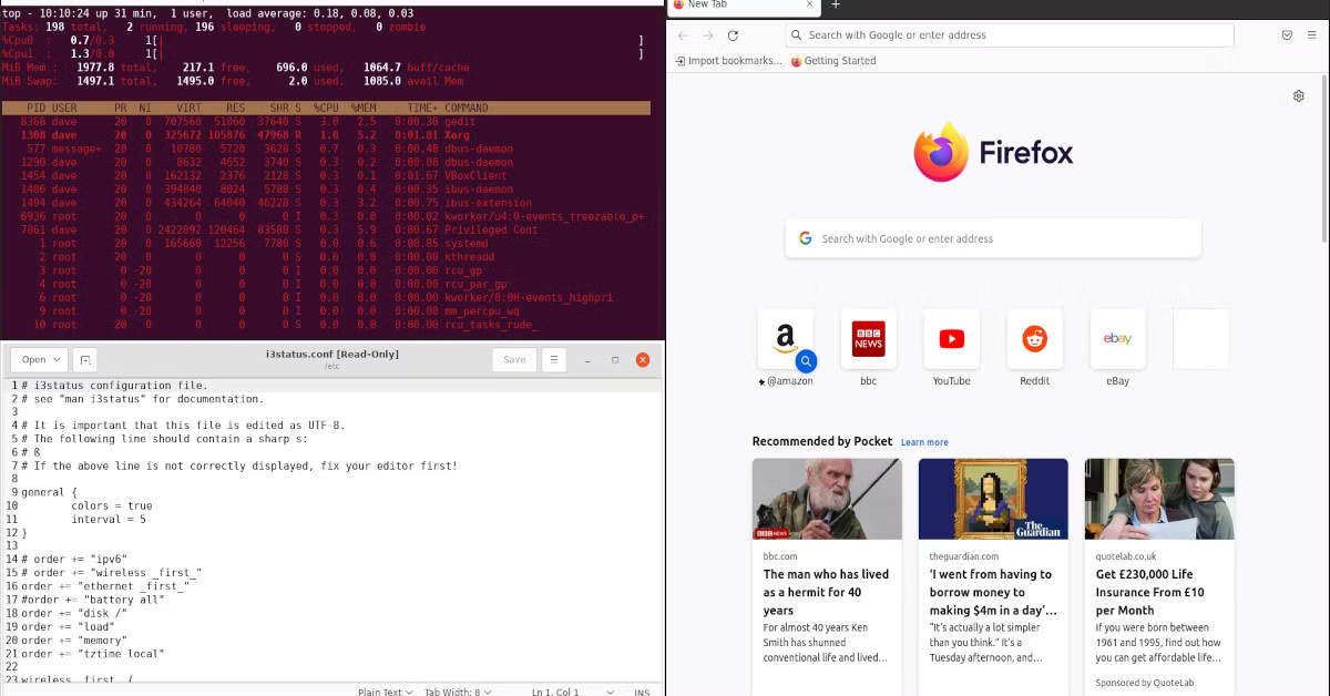i3 tiling window manager showing terminal, browser, and code editor tiled side by side